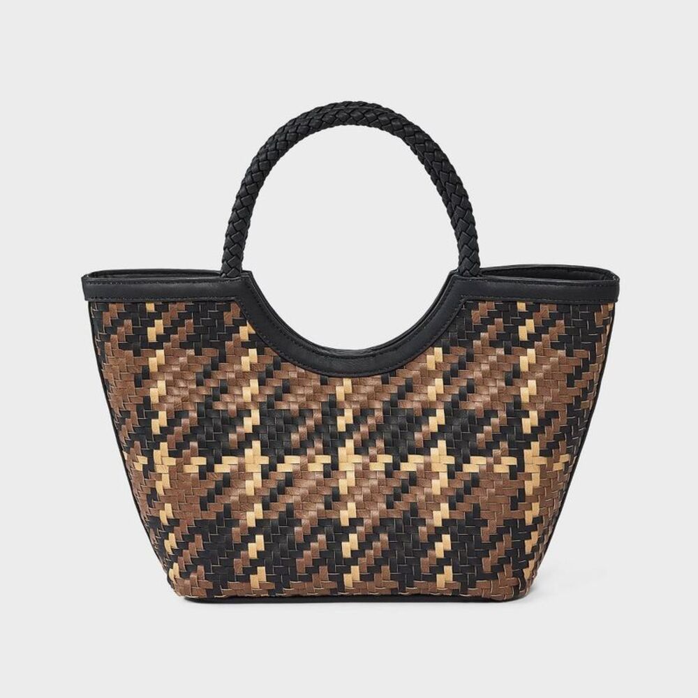 Faux Nubuck Plaid Mini Woven Tote Bag - A New Day Brown/Black